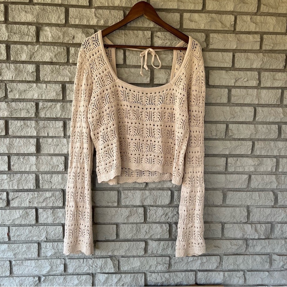 Hollister Beige Crotchet Square Neck Boho Bell Sleeved Cropped Top Size XL